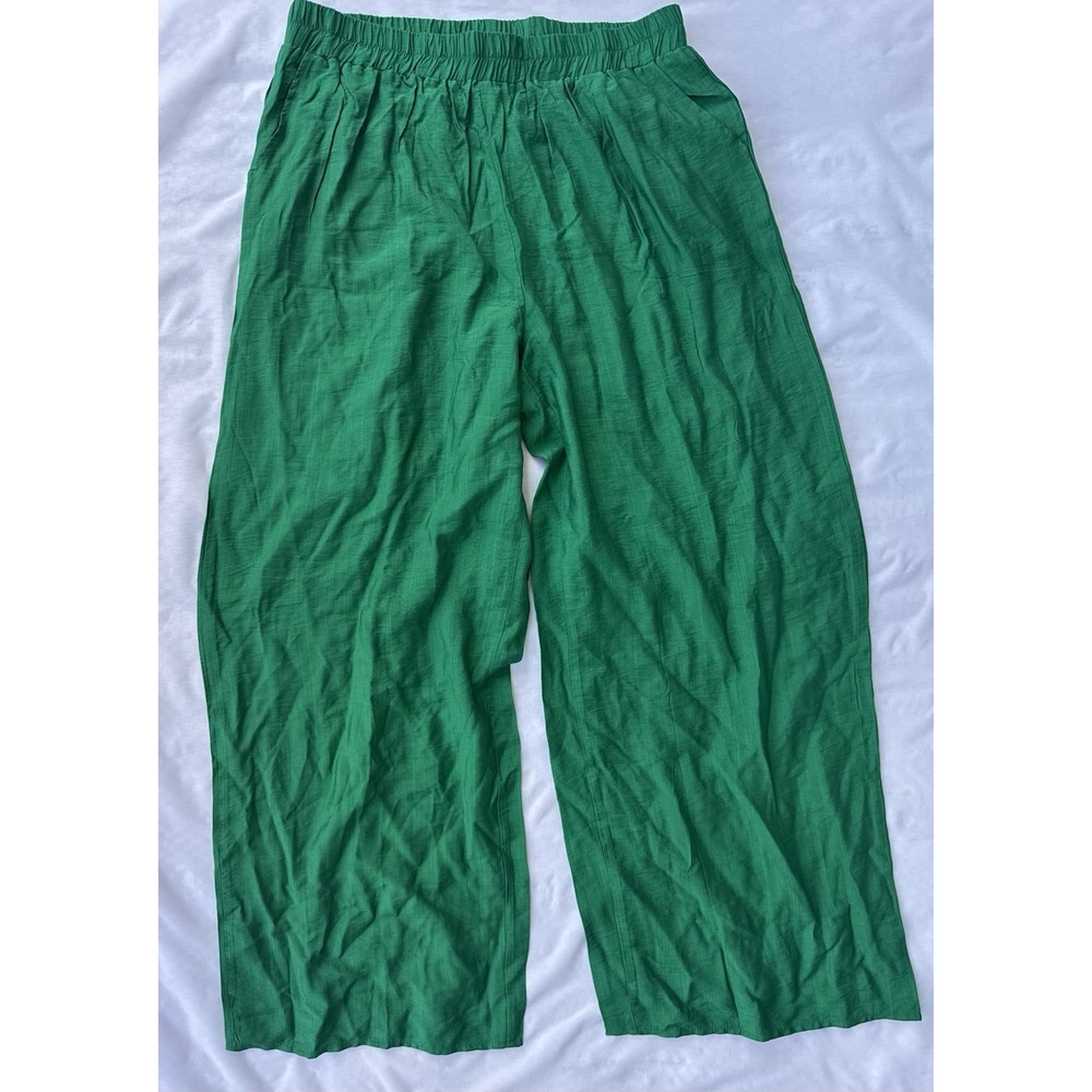 Ranlege Green Linen Blend 2 Piece Pant Set XL Wide Leg Elastic Waist